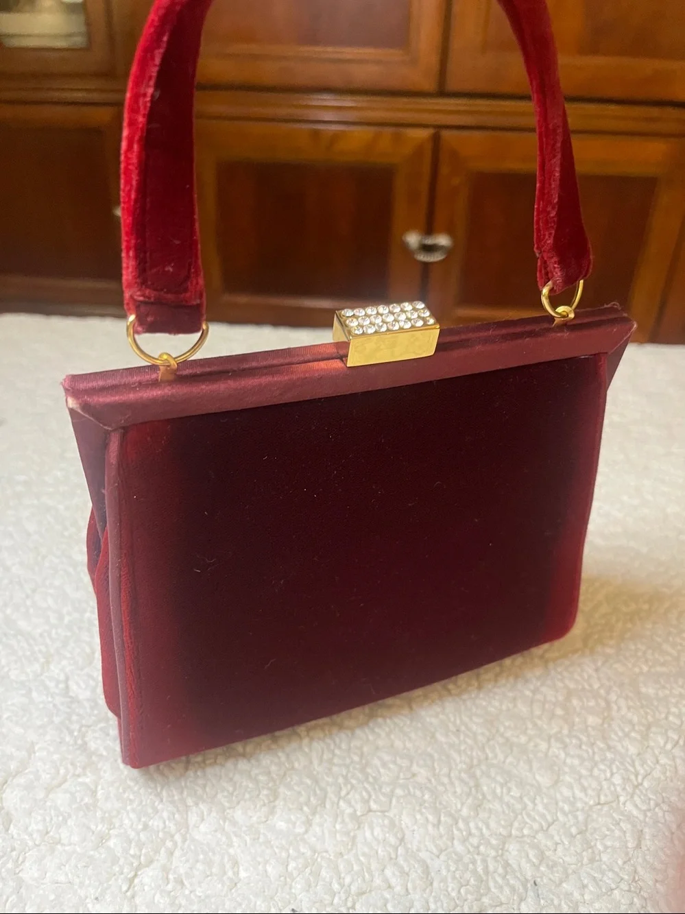 Vintage Saks 5th Avenue Burgundy Velvet Evening Bag Rhinestone Clasp Top Handle - Picture 1 of 9